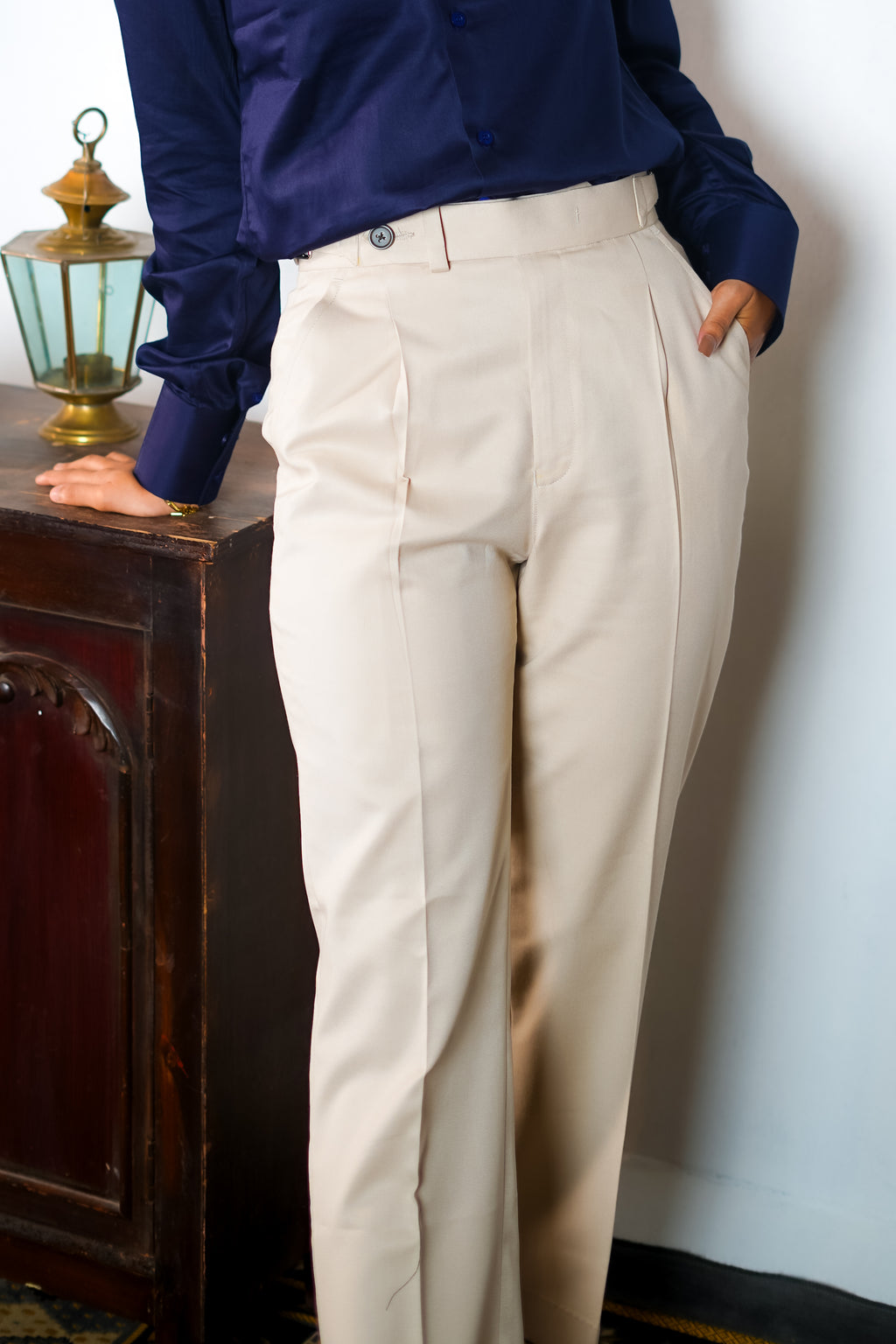 Cream Buckled Waist Trousers Women