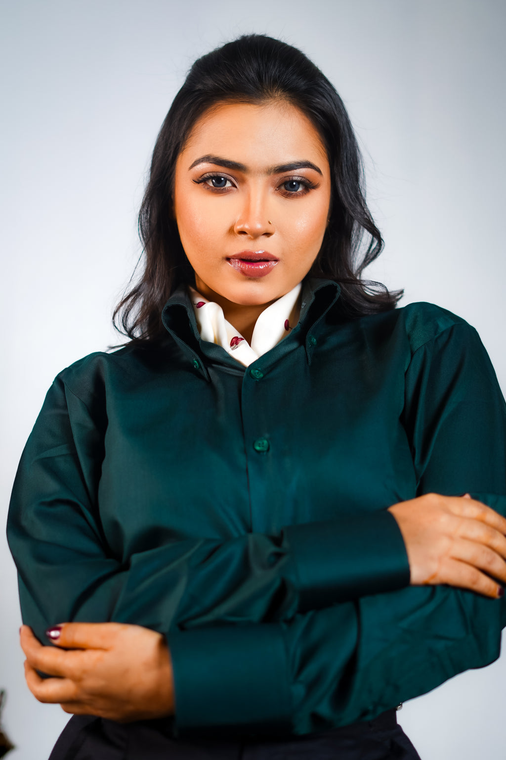 Midnight Green Sharp Collar Shirt Woman