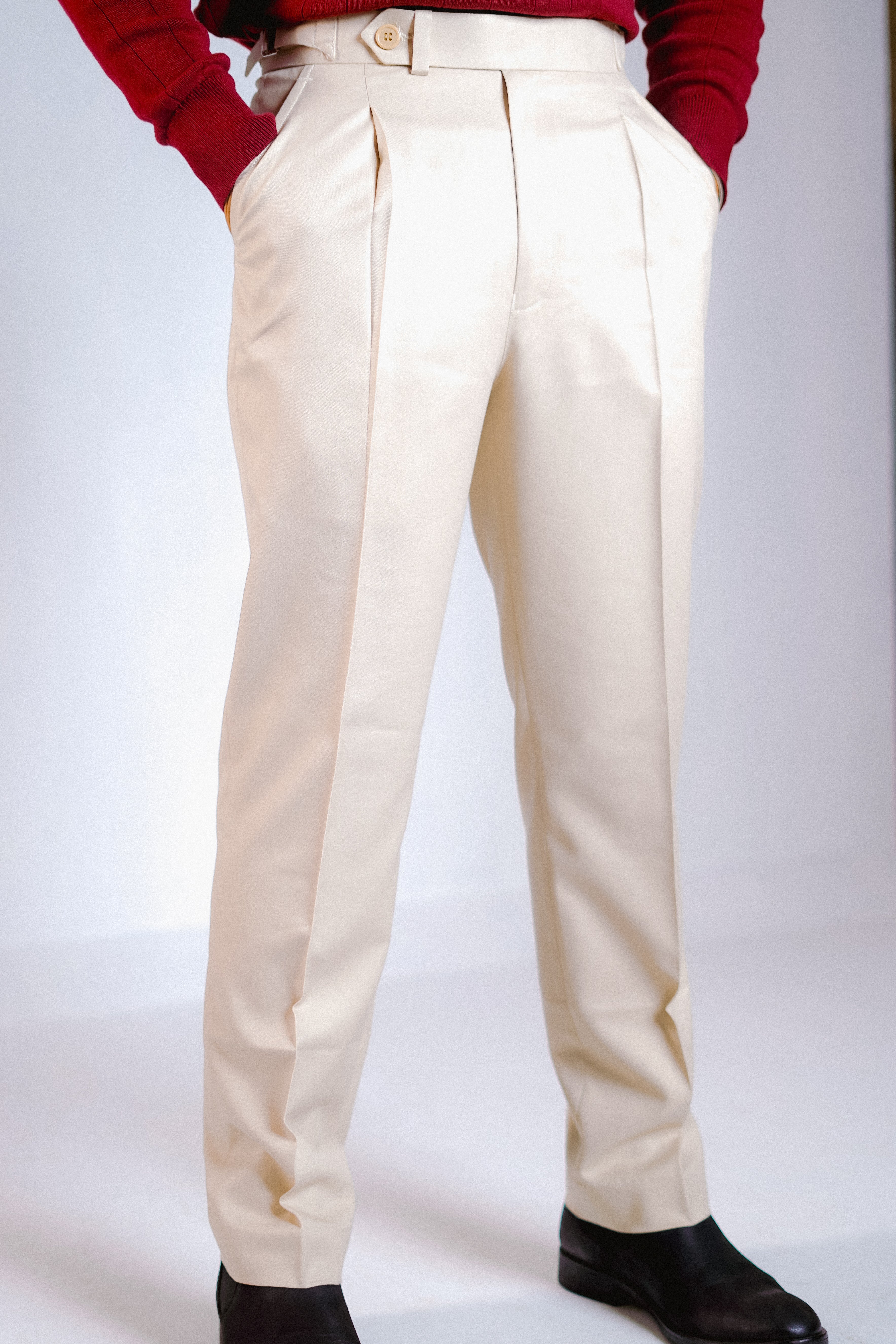 Cream Buckled Waist Trousers Man
