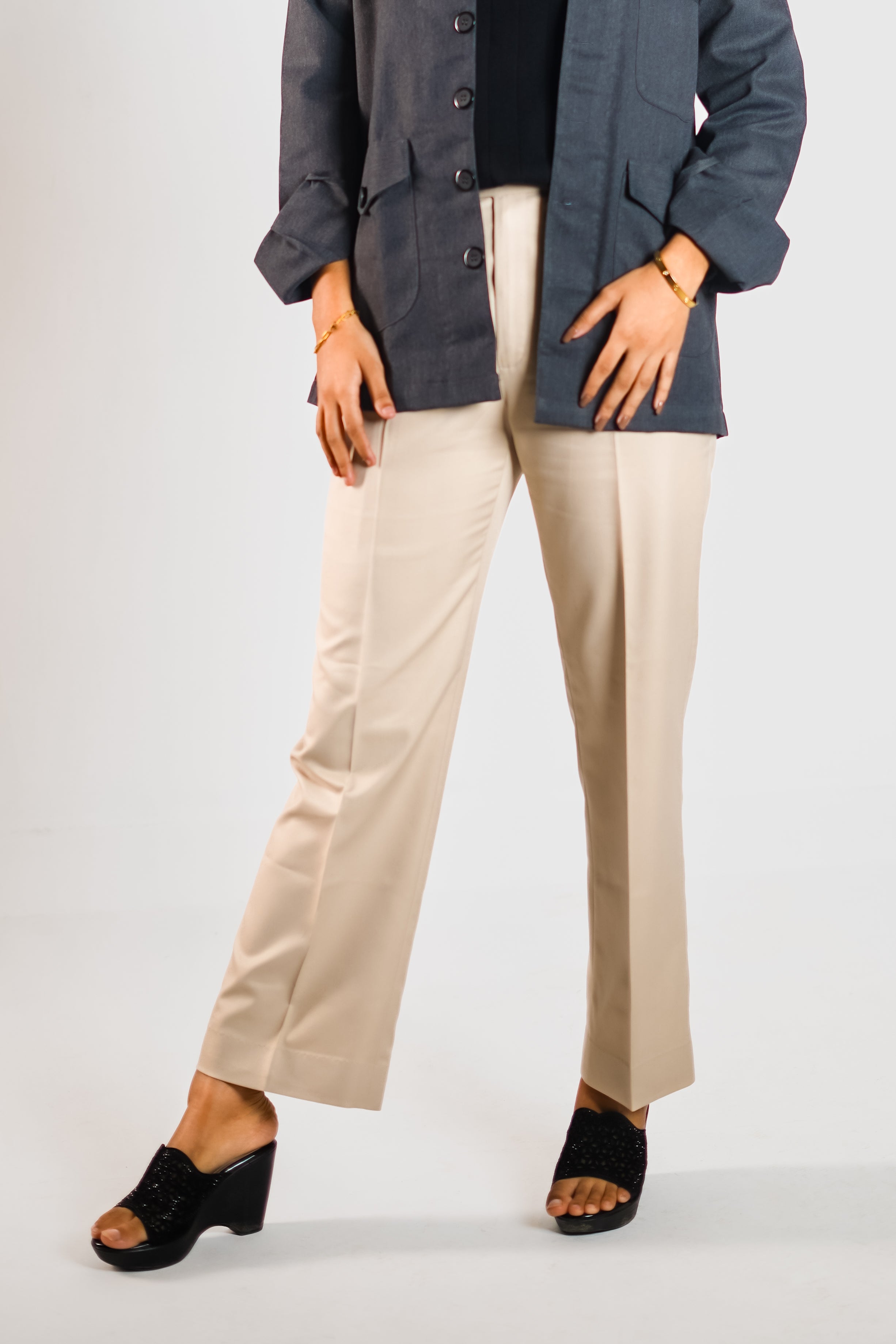 Cream Buckled Waist Trousers Women