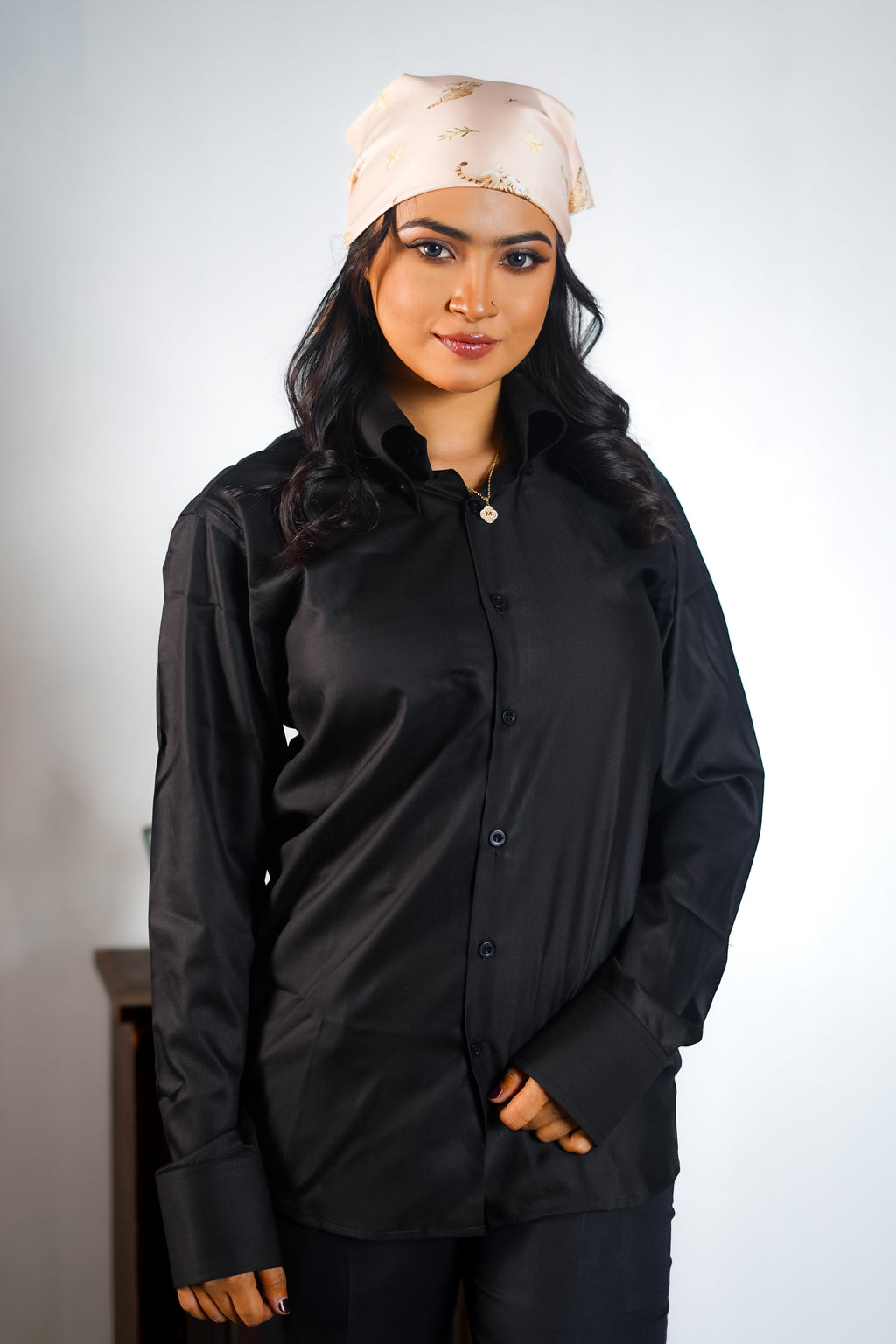 Jet Black Sharp Collar Shirt Woman