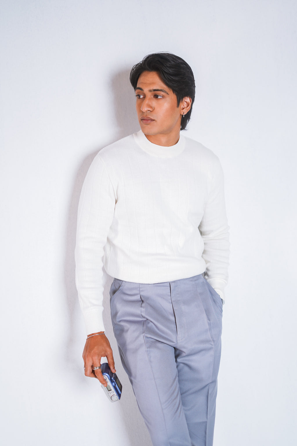 White Cream Classic Knit Sweater man